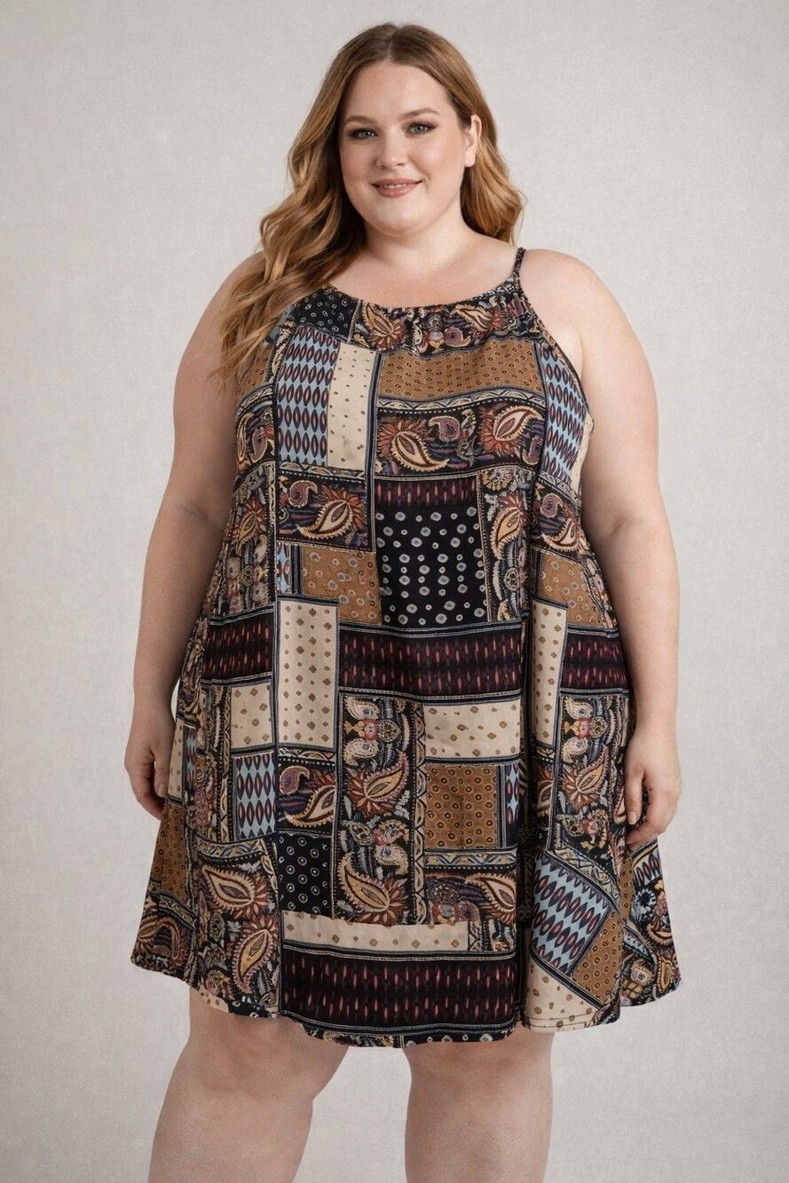 Cami Swing Dress Sz 3XL Paisley Patchwork Boho Whimsy Hippie Halter Geometric